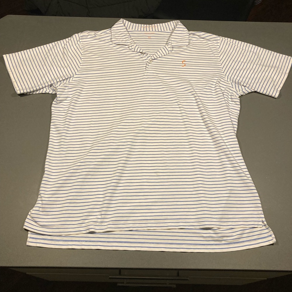 B Draddy Sport Mens White/Blue Striped 3 Button Golf Polo Shirt - Size XL